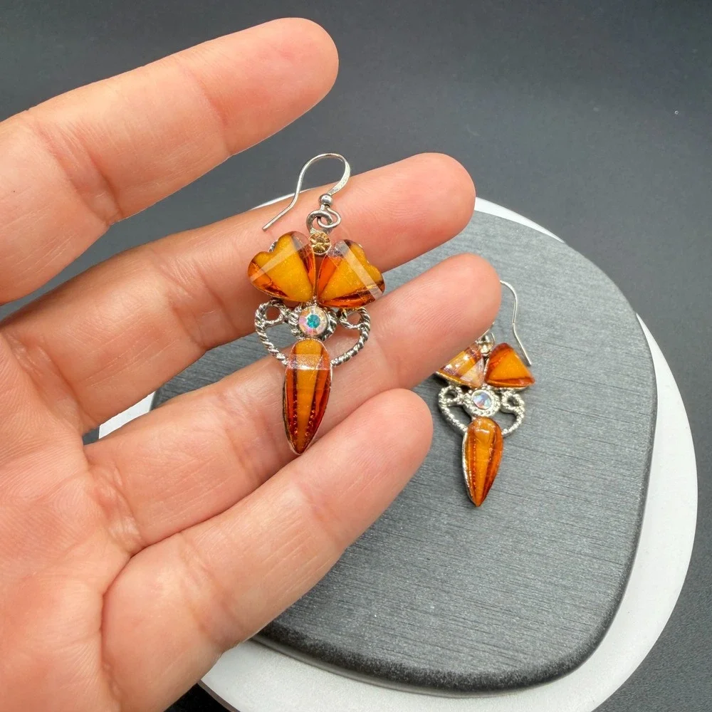 Orange Crystal Rhinestone Silver Tone Dangle Earrings Statement Boho Festival